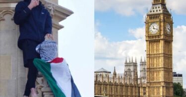 فلسطینی پرچم کے ساتھ بگ بین پر 16 گھنٹے کے کھڑے ہونے کے بعد مظاہرین نے حراست میں لیا