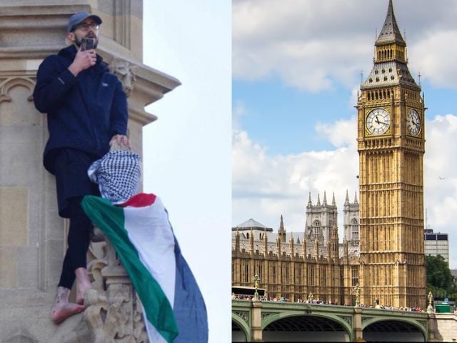 فلسطینی پرچم کے ساتھ بگ بین پر 16 گھنٹے کے کھڑے ہونے کے بعد مظاہرین نے حراست میں لیا